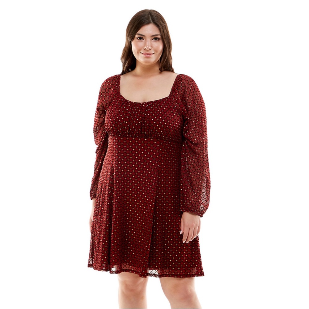 NWT Lily Rose Foiled Embellished Skater Dress Wine Black & Gold Juniors Size 2X